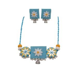light blue and yellow mirror embroidery jewellery set 01