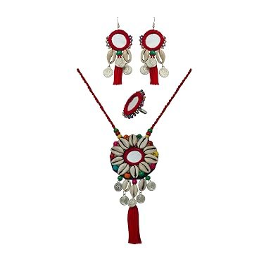 red mirror work and cowrie handmade necklace set 01 red mirror work and cowrie handmade necklace set 01