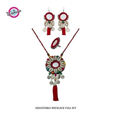 red mirror work and cowrie handmade necklace set 06 red mirror work and cowrie handmade necklace set 06